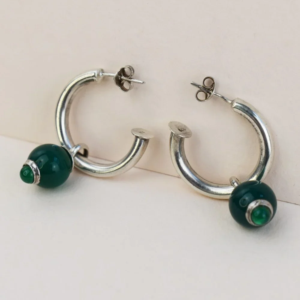 Forest green charm hoop earrings sterling silver, basic medium chunky hoop studs
